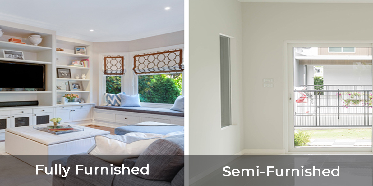 comparison of fully furnished or semi-furnished apartment. fully furnished apartment is in left side of image while semi furnished is on right side of image.